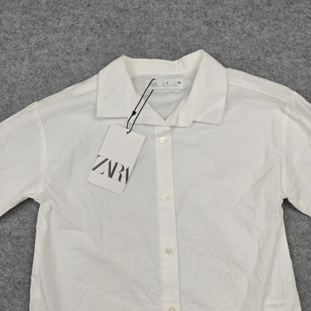 ZARA Shirt Kids 6 White 100% Cotton Long Sleeve Button Front Collared Dress Top